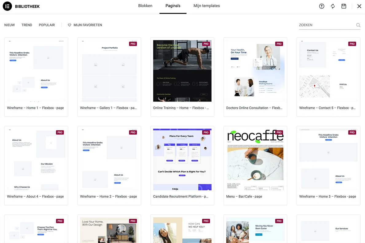 Elementor template bibliotheek
